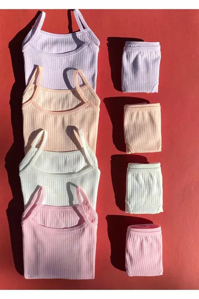 Girls' Ribbed 4-Piece Cotton Stretch Tank Top and Panty Set with Straps