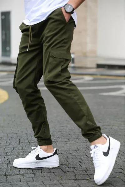 Men's Cargo Pocket Pants Khaki Green Side Pocket Pants