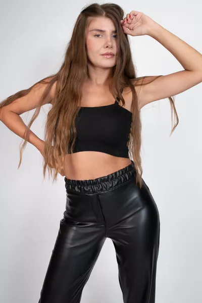High-Waisted Wide-Leg Black Leather Pants with Elastic Waist