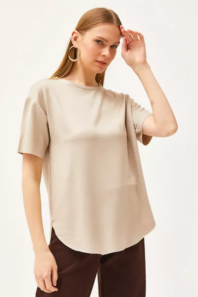 Women's Beige Modal Buttoned Soft-Textured Oval Hem T-Shirt 