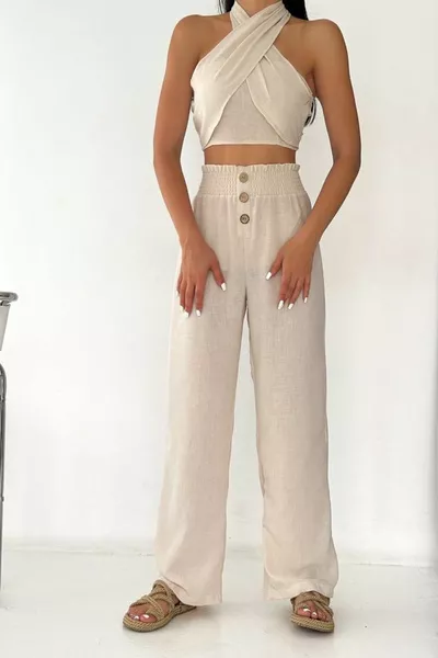 الموسم الجديد المرأة البيج الرقبة التعادل بلوزة المحاصيل