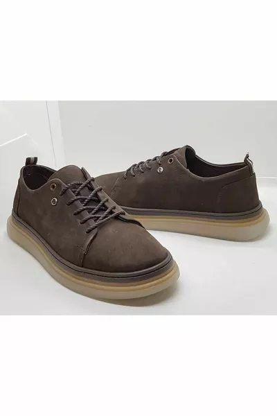 Набук кафяви ежедневни обувки с връзки модел ортопедична гумена подметка