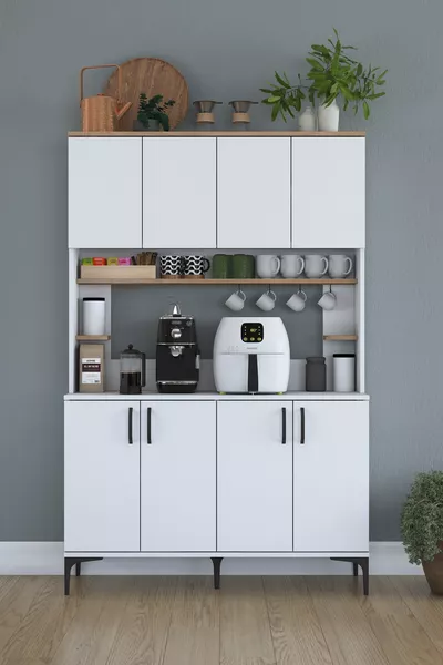 خزانة راني  متعددة الاستخدامات بثمانية أبواب ورفوف لمخزن المطبخ باللون الأبيض - سلة جوز