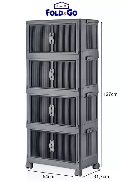 خزانة محمولة بعجلات بأربعة أقسام 'رمادي داكن' متعددة الاستخدامات بغطاء مغناطيسي قابل للطي