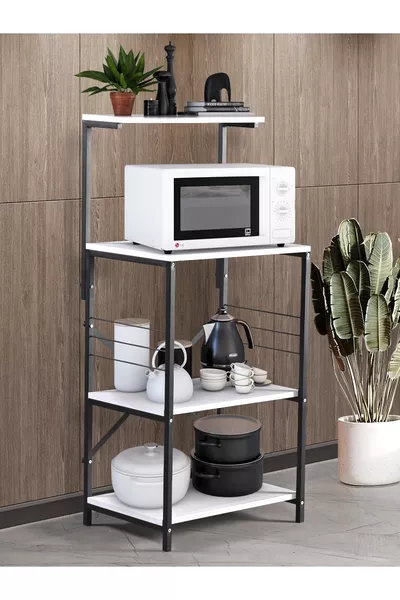 خزانة متعددة الأغراض لمطبخ بانغو، رف فرن ميكروويف ومنظم خزانة المواد باللونين الأسود والأبيض