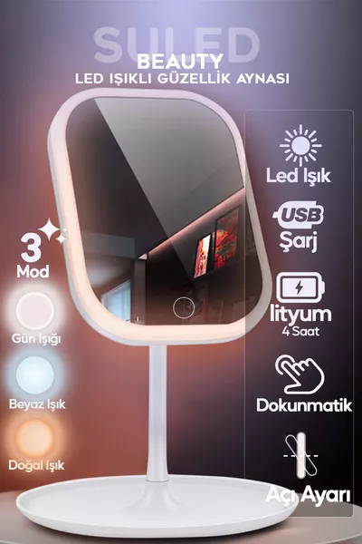 LED-verlichte make-up spiegel met 3 modi, oplaadbaar via USB, wit, rechthoekig, draagbaar, verstelbare hoek, schoonheids spiegel