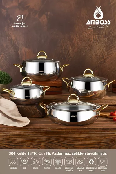 Stone Gold 8-Piece Stainless Steel Cookware Set with Induction Base