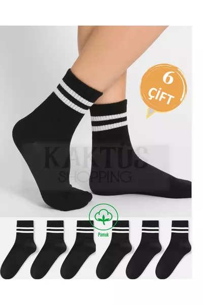 6 Çift Siyah Unisex Çizgili Tenis Kolej Çorap