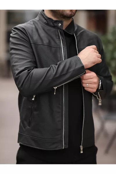 Мужская черная кожаная куртка Ryn с кнопками на воротнике