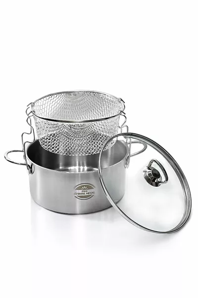 Pentola per friggere in acciaio a 3 pezzi con coperchio in vetro