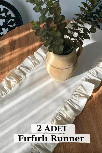 2 Stück Leinen-Tischläufer mit Rüschen 