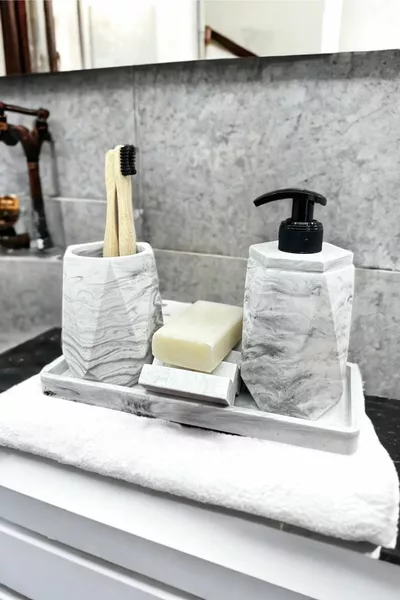 4-delige Badkamer Set van Beton met Marmermotief Vaste en Vloeibare Zeepdispenser Tandenborstelhouder Dienblad