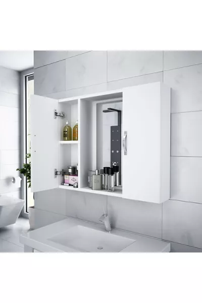 Бял баня шкаф с две врати и огледало