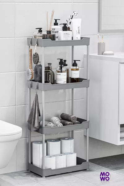 Mowo 4-laags grijze badkamerrek met voeten, keukenrek, handdoekenrek, wasmiddelhouder, make-up organizer, Vesken
