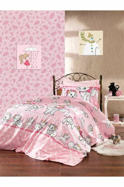 Единичен спален комплект с чаршаф с ластик за момиче с модел на котка