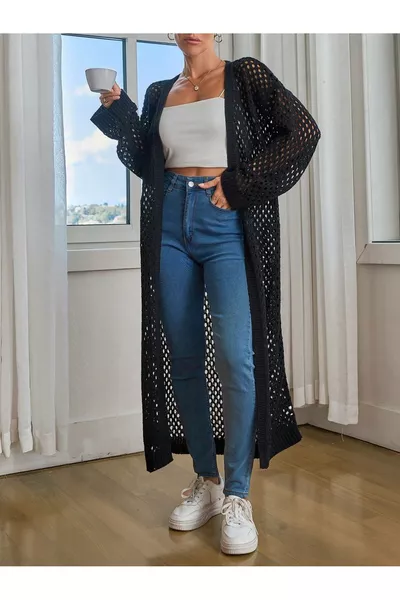 Женский длинный кардиган с ажурной вязкой