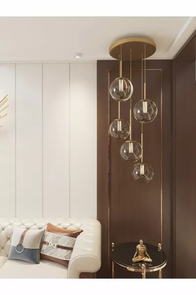 ثريا فيغا معلقة على شكل كرة، 5 مصابيح بزجاج كلوب بلون الدخان، هيكل مقاوم للصدأ تصميم عصري أنيق