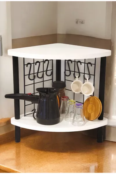 Countertop Shelf – Mini Coffee Corner and Spice Rack with 6 Hook Organizer for a Happiness Corner