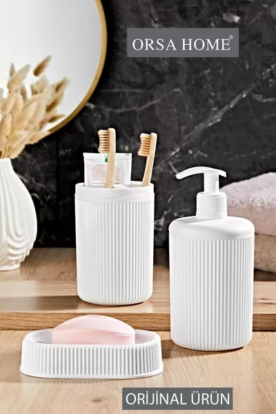 Weißes 3-teiliges Badezimmer-Set mit Linienmuster, Seifenschale, Zahnbürstenhalter, Flüssigseifenspender 