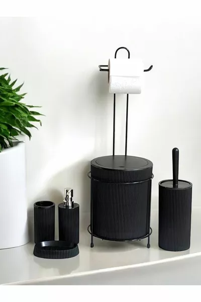 6-delige Badkamer Set met Metalen Standaard, Prullenbak, Toiletpapierhouder en Toiletborstel, Solide - Vloeibare Zeep