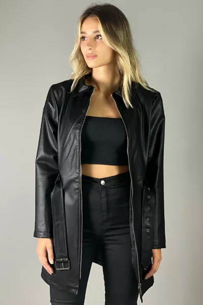 Kadın  Siyah Uzun Deri Ceket