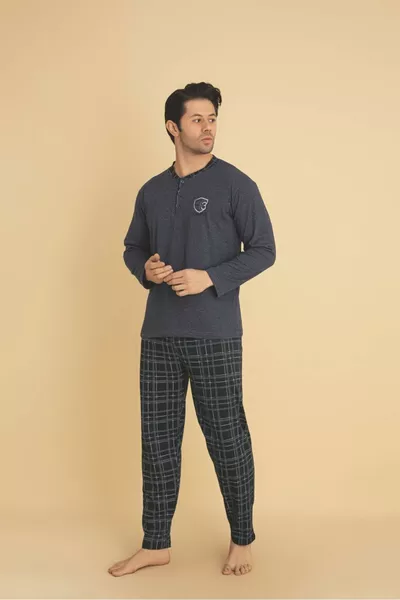 Ercan Herren-Pyjama-Set, Unterteil kariert, Oberteil mit Kragen und Knöpfen, dunkelgrau