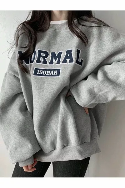 Normal Isobar Kalın Kışlık Sweatshirt - Gri Baskılı Oversize Şardonlu Bisiklet Yaka