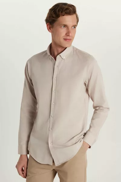 Men's Slim Fit Narrow Cut Long Sleeve Cotton Oxford Texture Easy Iron Stone Color Button-Down Shirt