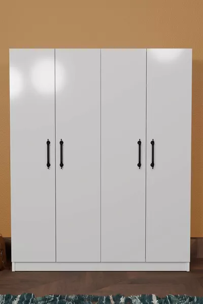 خزانة أرينا بيضاء بأربعة أبواب، مع شماعتين وستة رفوف