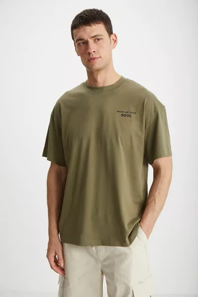 Mark Erkek % Organik Pamuklu Ön Ve Arka Baskı Detaylı Kalın Dokulu Oversize Haki T-shirt