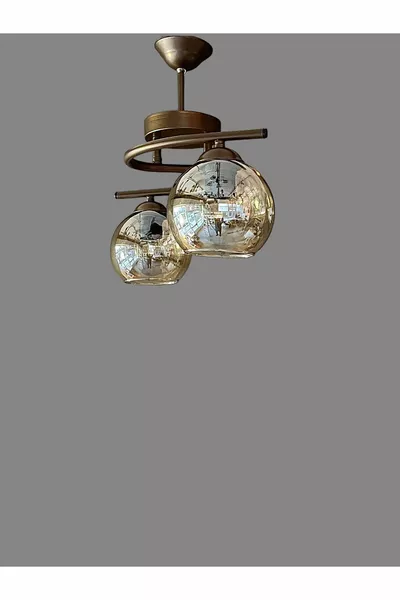 Plafonnier métallique café avec verre miel pour salon, chambre et cuisine Poyraz 2 lampes