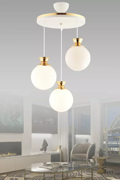 Dilara 3 Lü Tepsi Beyaza Gold Yuvarlak Camlı Salon Avizesi