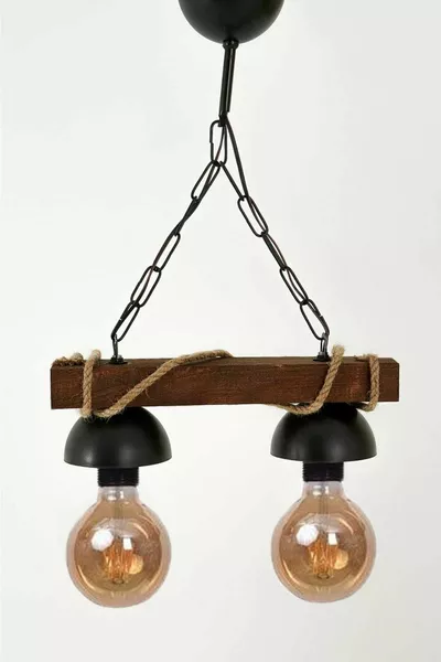 Authentic Wooden Natural Log Double Chandelier with Rope, Dark Color Shade Model