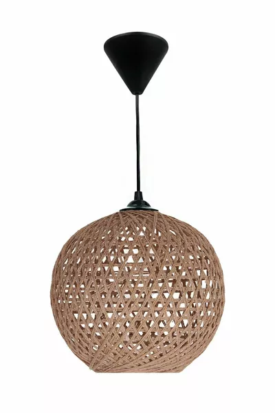 Плафон с въже, единичен полилей, джут кафяв абажур, черен държач