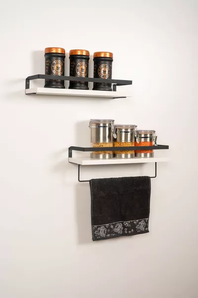 Mensola da cucina in legno e metallo, portasciugamani da cucina, 2 ripiani, a parete, portaspezie