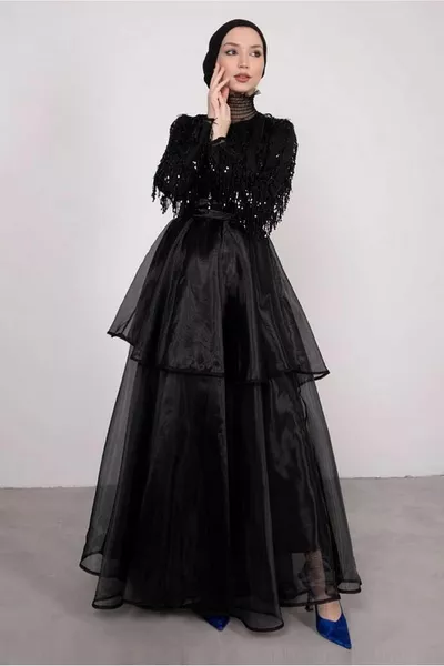 المرأة تنورة سوداء الترتر طبقات الأورجانزا مساء اللباس T 