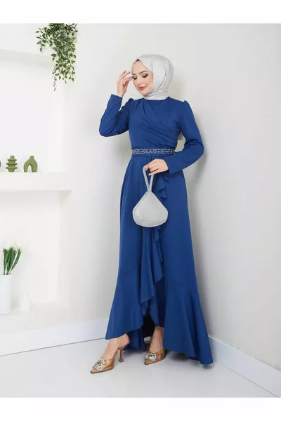 Хиджаб вечерна рокля с волан пола и колан с камъни 