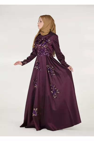 Donna viola cosparso paillettes dettagliato abito da sera 