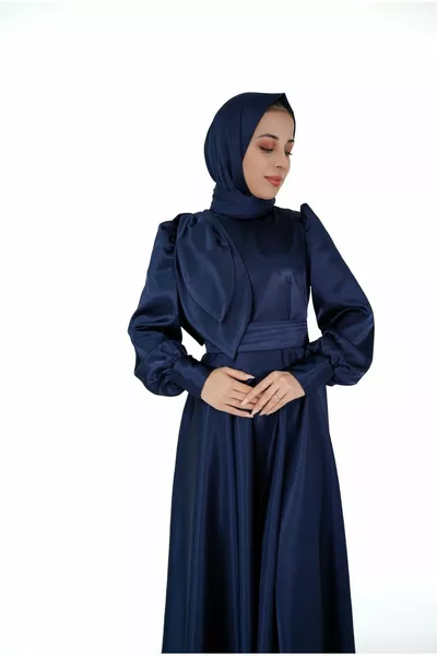 Abiti da sera in raso con cintura Hijab blu navy da donna
