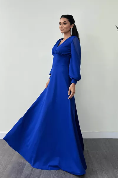 Crêpe Stof Mouwen Tule Avondjurk - SAKS MAVİ