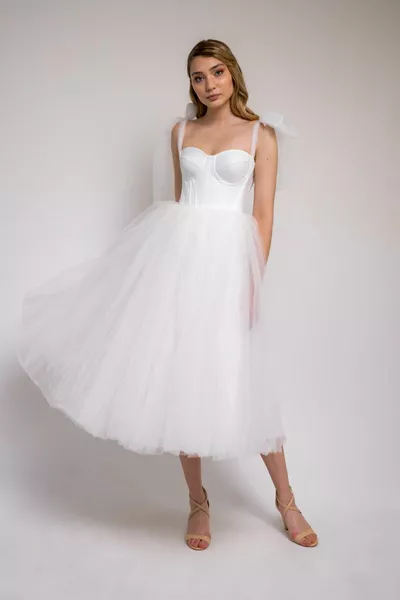 Women's White Midi Length Tulle Evening Dress/Wedding Dress