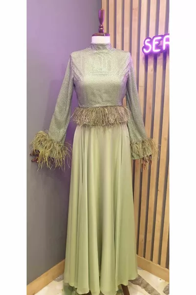 Robe de soirée hijab de couleur vert olive