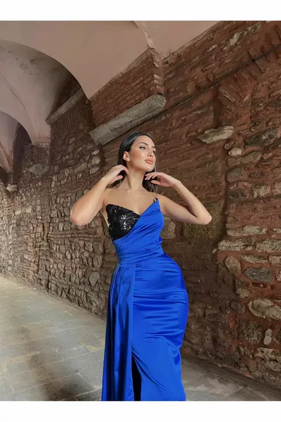 Dina Breast Embroidery Detail Satin Evening Dress  SAX BLUE