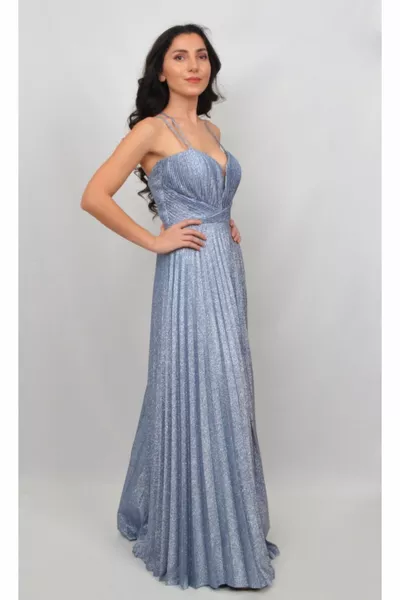 Rope Strap Pleated Skirt Glitter Indigo Evening Dress