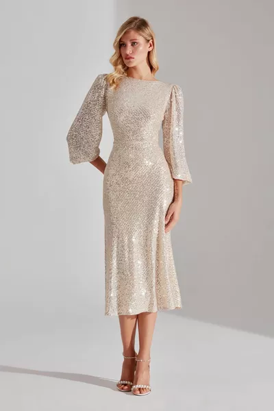 NICOLE Glitter pailletten DORE Ballon Mouw Midi Jurk