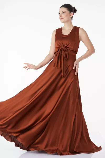 Gerades Damen-Abendkleid mit Rundhalsausschnitt und hellbrauner Krawatte - 