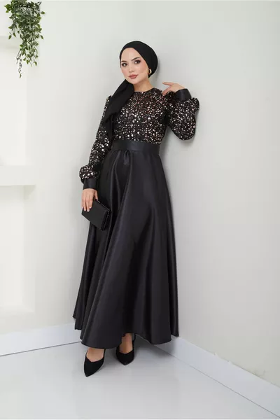 Pailletten-Abendkleid aus Satin  Schwarz Kupfer