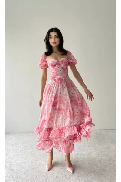 Abito estivo floreale rosa da donna Perla Midi Chiffon Dress