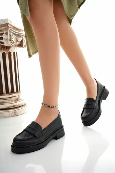 Padded Heel Black Skin Women Shoes