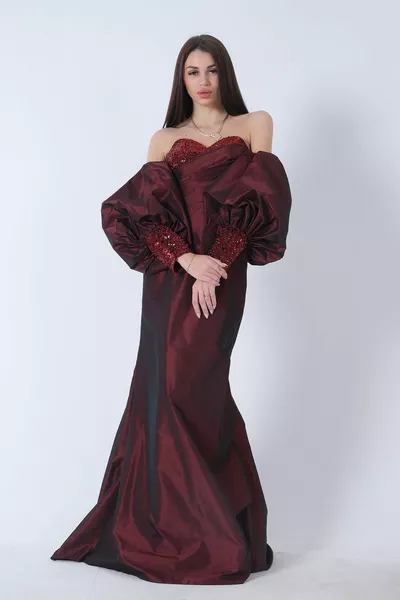 Накладные рукава-баллоны Тафта Вечернее платье бордового цвета 